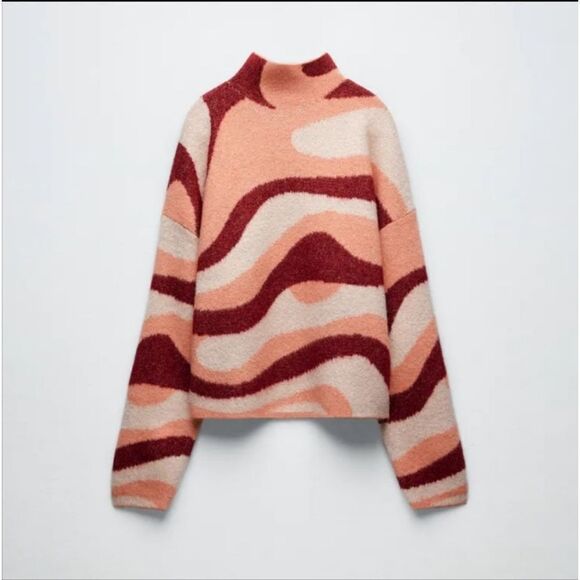 ZARA BLOGGER RED PINK RETRO MOD SWIRL JACQUARD KNIT MOCKNECK SWEATER TURTLENECK - Picture 6 of 13
